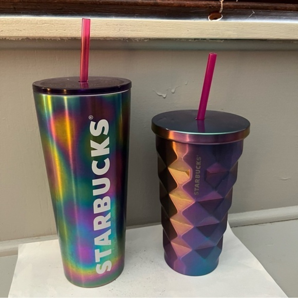 RARE Starbucks Stainless Steel Pineapple Iridescent 16oz and Oil Slick 24 oz duo